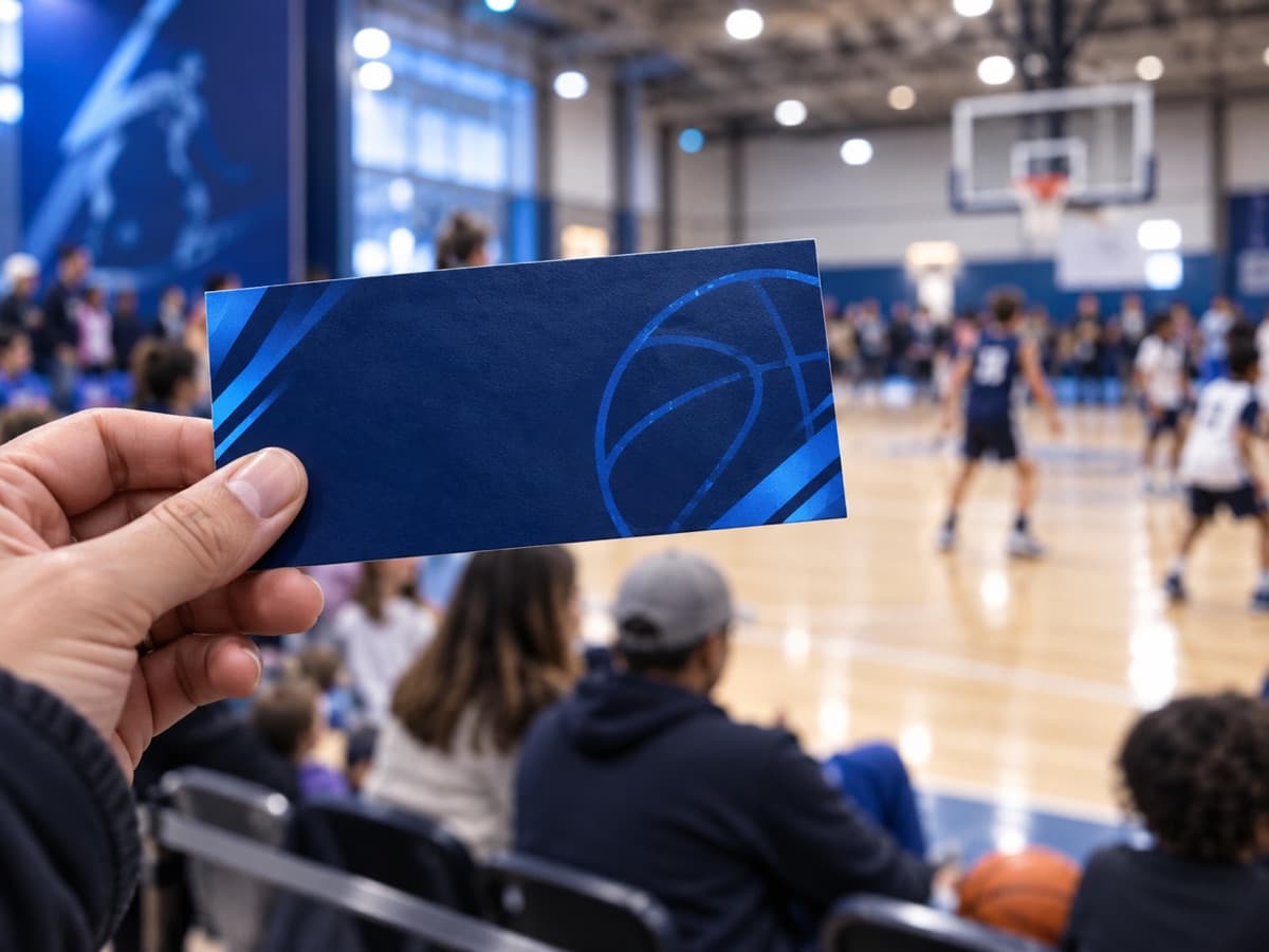 A family member holds a blue event offer card at a youth basketball game.