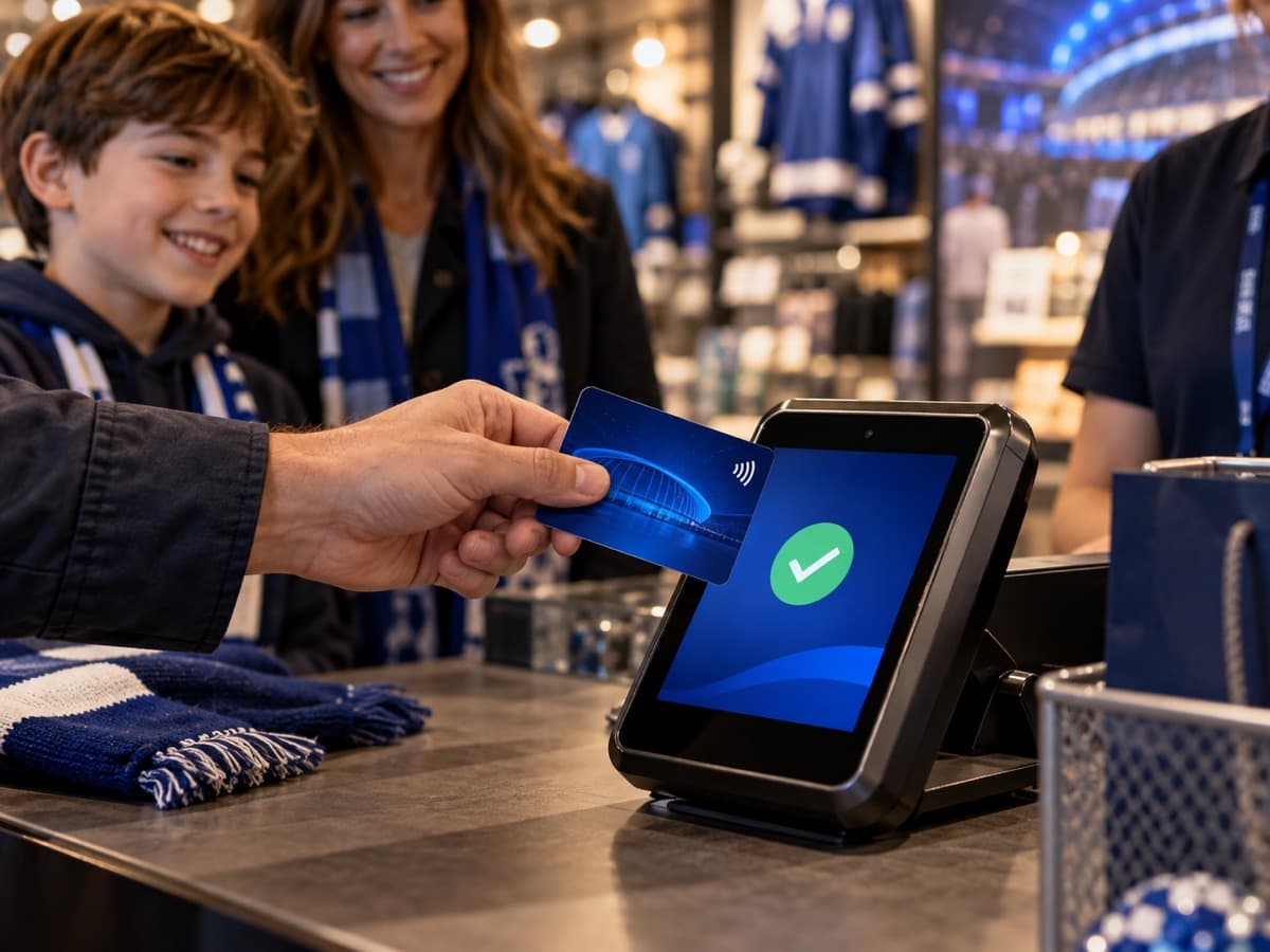 A blue event card is presented at a participating store checkout.